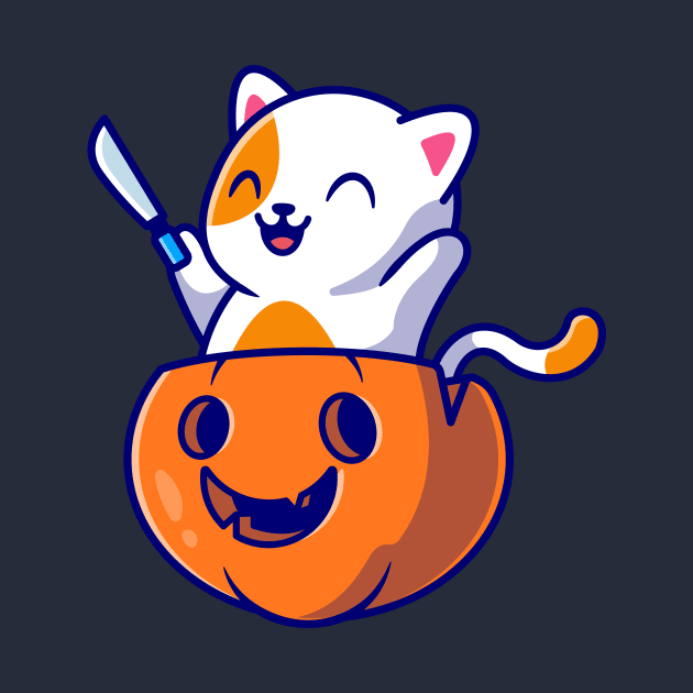 Cute Cat Holding Knife In Pumpkin Helloween Cartoon by Catalyst Labs