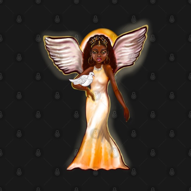 Angel with dove ii- Black angel of peace ! With glow, Afro hair, brown eyes, Cherry pink lips and dark brown skin. Hair love ! by Artonmytee