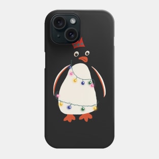 Funny Cartoon Christmas Penguin wrapped in Fairy Lights and Wearing Paper Xmas Hat Phone Case