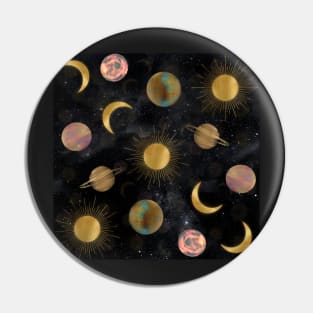 Gold Sun Moon Planets Space illustration Pin