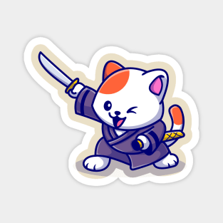 Cute Cat Samurai With Sword Cartoon Magnet