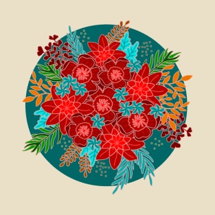 Red Flowers on Teal T-Shirt