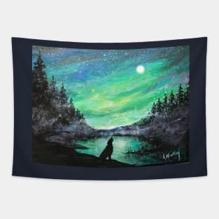 Aurora Borealis, Northern Moon and Arctic Wolf Tapestry