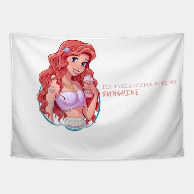 Mermaid Princess with Strawberry Frappuccino Tapestry by Amadeadraws