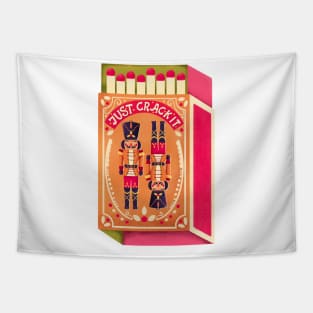 Two colorful nutcrackers on a matchbox with hand lettering on a pink background. Colorful festive winter Merry Christmas illustration Tapestry