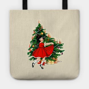 Christmas Tree with Cute Little Girl in Red Dress Vintage Tote