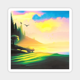 Mountain Lake Summer Sunrise Digital Art (MD23SMR011b) Magnet