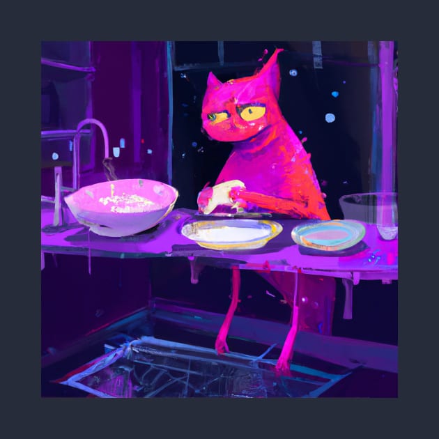 Pink Cat Creature Washes Dishes After a Long Night by Star Scrunch