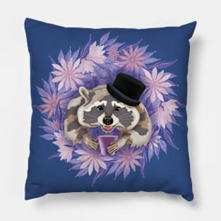 Raccoon with purple flowers with a mug of coffee. Watercolor Pillow