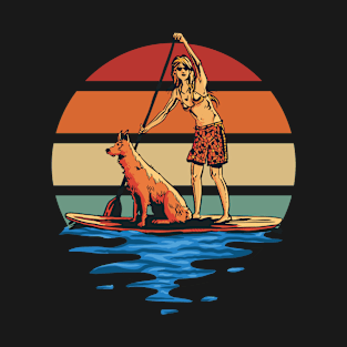 Vintage Stand Up Paddle Dog And Girl Cartoon T-Shirt