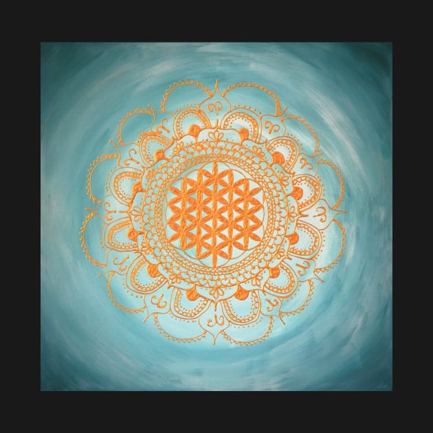 Flower of life mandala "Ocean" gold on turquoise by monchie
