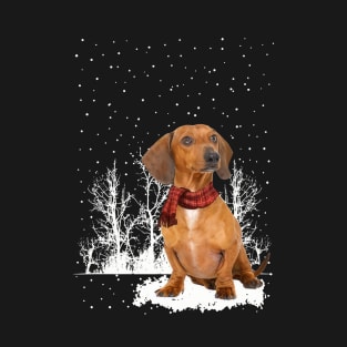 Christmas Red Dachshund With Scarf In Winter Forest T-Shirt