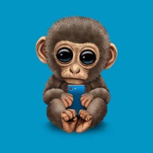 Cute Baby Monkey Holding a Blue Cell Phone T-Shirt