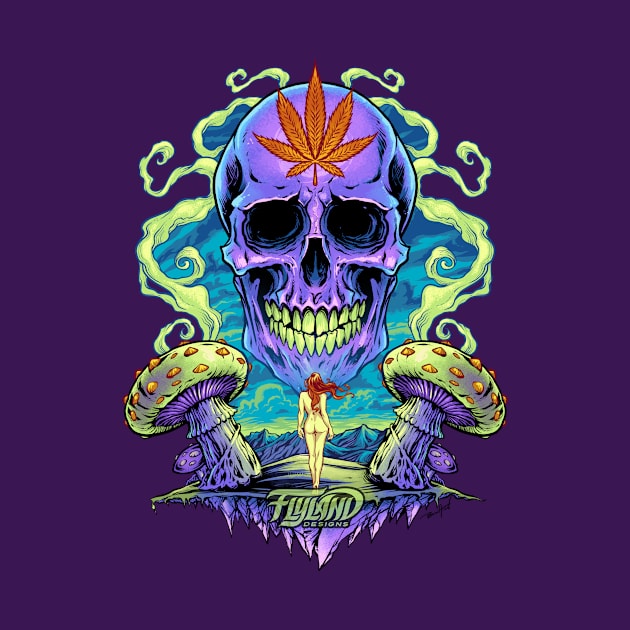 Purple Cannabis Skull with Mushrooms by FlylandDesigns