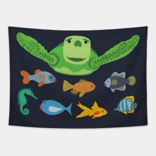 Happy Sea Turtle and Fish Swimming in the Sea Tapestry