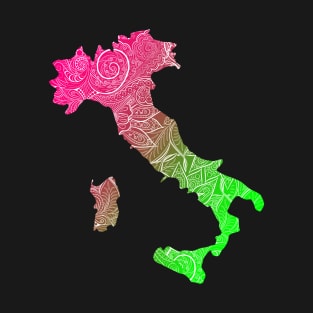 Colorful mandala art map of Italy with text in pink and green T-Shirt