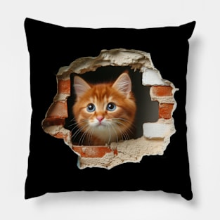 Sweet cat poking its head out from a wall opening Pillow