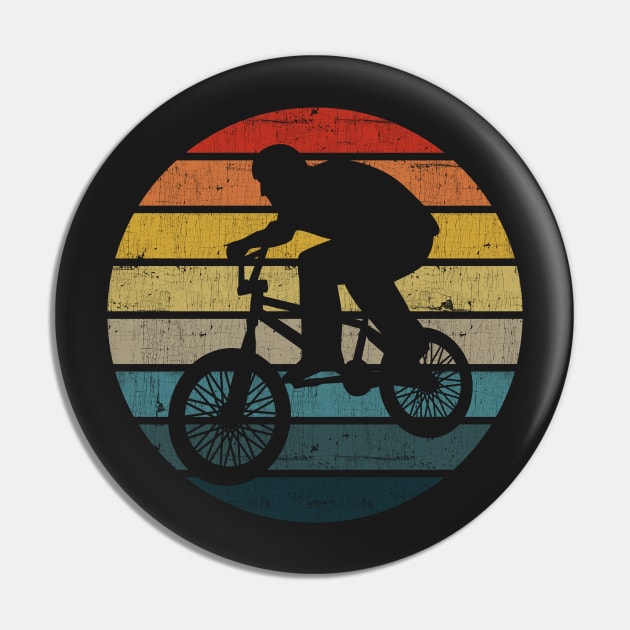 BMX Bicyclist Silhouette On A Distressed Retro Sunset print Pin by theodoros20