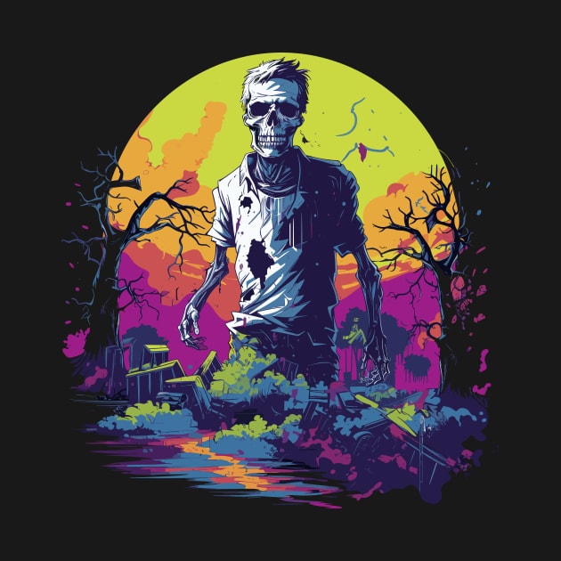 Halloween Zombie Under the Full Moon - Halloween Cemetery Horror by InkInspire