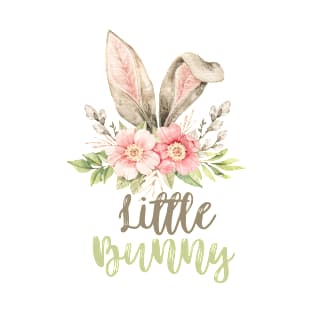 Little Bunny with Watercolor Grey Bunny Ears and Flowers T-Shirt