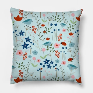 Light Blueish Nature With Mountain Bluebird, Lady Bug And Flowers Pillow