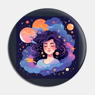 Woman with sweet dreams concept Young girl with galaxy and universe at hairs Pin