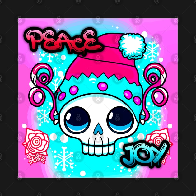 Peace Joy Kawaii Skull - Christmas Graphic Graffiti Art - Holiday Gift by MaystarUniverse