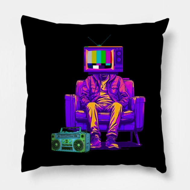 Tv Head Sitting On Retro Couch Pillow by Trip Tank