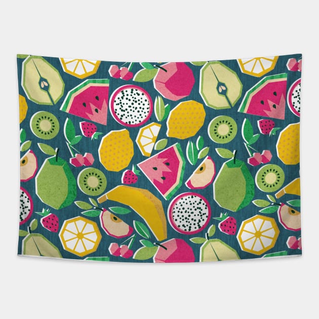 Paper cut geo fruits // pattern // teal background Tapestry by SelmaCardoso