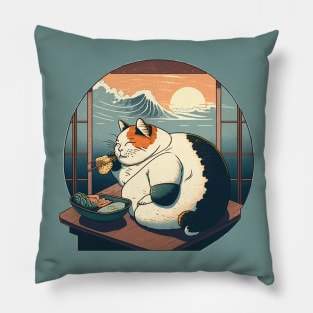 Tubby Cat with Sushi (Ukiyo AI) Pillow