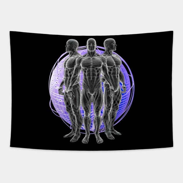 Futuristic Trio Cyborg Man Space Rave Techno Dancer Science Fiction Nerd Hologram Technology Tapestry by DeanWardDesigns