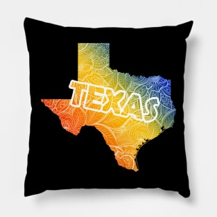 Colorful mandala art map of Texas with text in blue, yellow, and red Pillow