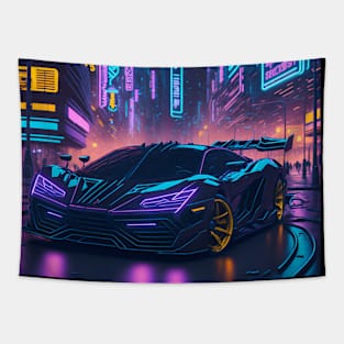 Dark Neon City Sports Car Tapestry