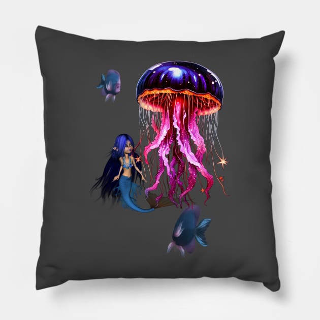 Cute mermaid looks at the beautiful jellyfish. Pillow by Nicky2342