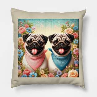 2 Smiling Pug Dogs Pillow