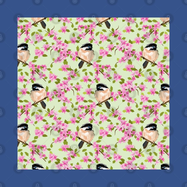 Spring Flowers And Birds Pattern On Green by Designoholic