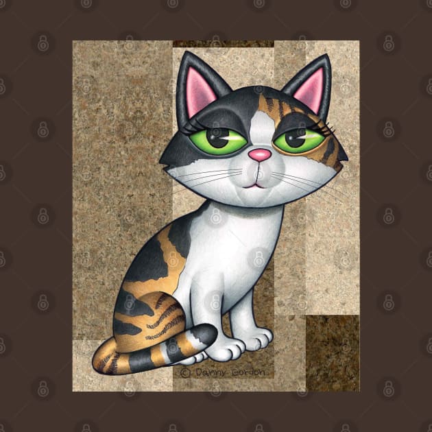 Fun Calico Kitty Cat on tan, brownish background shapes by Danny Gordon Art