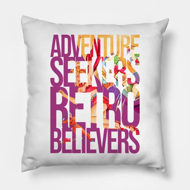 Adventure Seekers, Retro Believers. Pin Up Girl Comic Vintage Pillow by REVISTANGO