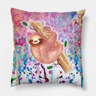 Girly Sloth Watercolor Rainbow Paint Drip Pillow