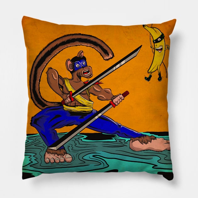 Ninja Monkey vs Bandit Banana Pillow by Goodtimecomics