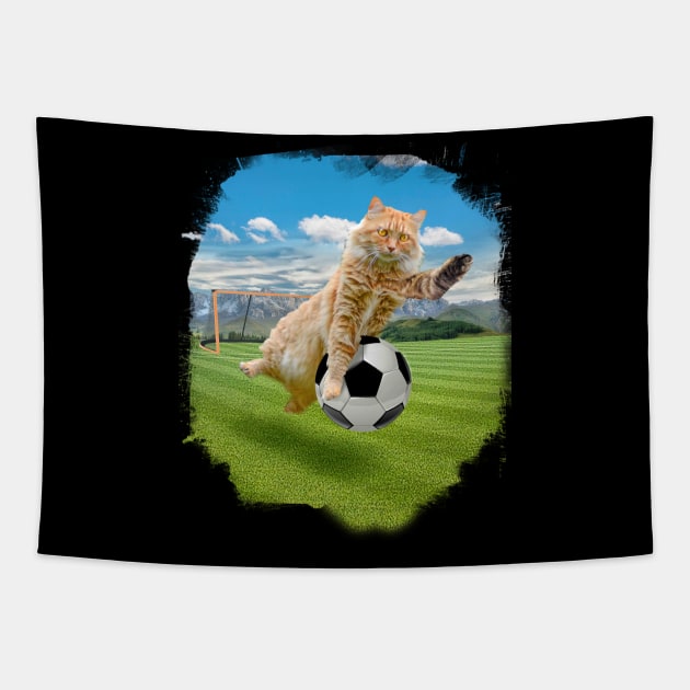 Maine Coon Cat Playing Soccer Football Tapestry by Random Galaxy