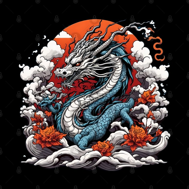 Dragon against the backdrop of a setting sun bathed in ocean waves by T-Shirt Paradise