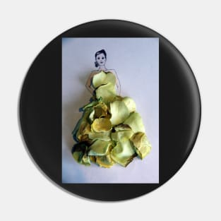 Lady wearing a yellow rose petal dress Pin