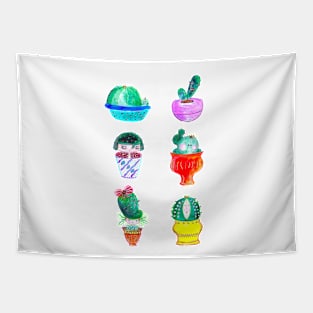 Cute Cactus Characters In Vases  Watercolor Illustration Tapestry