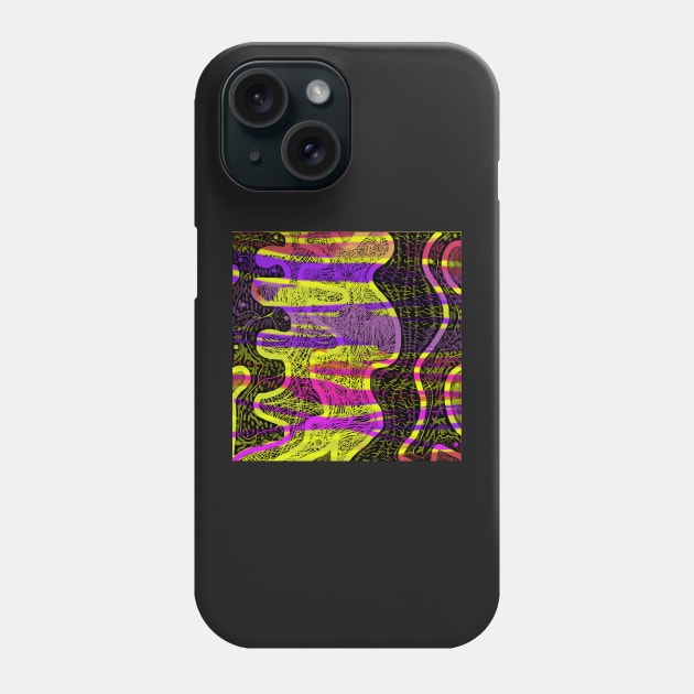 Jungle Fever. An abstract design with a tribal feel. Swirls, lines and patterns in hot pink, purple and yellow on a black background. Phone Case by innerspectrum