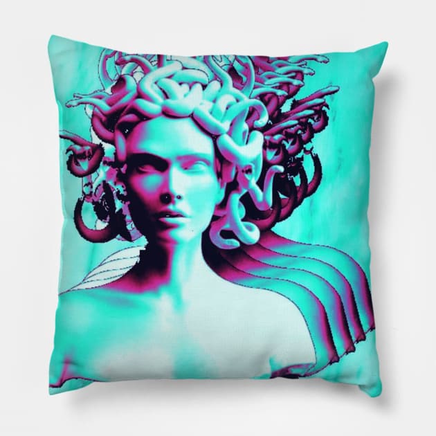 Vaporwave Medusa Glitch Pillow by isarol