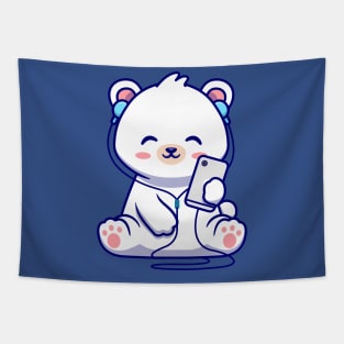 Cute Polar Bear Listening Music Cartoon Tapestry