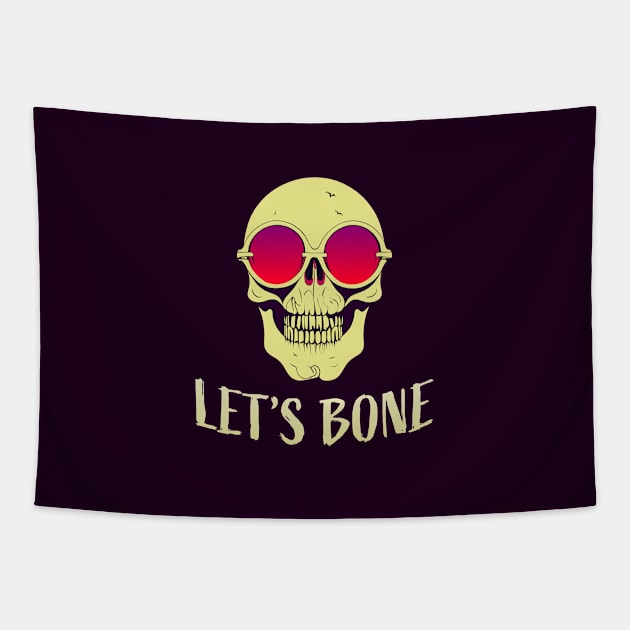 Let's Bone || Funny Halloween Skeleton With Sunglasses Tapestry by Mad Swell Designs