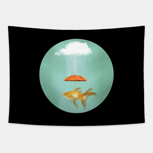 Under a Cloud - Cloud, Rain Umbrella Goldfish Tapestry by Vin Zzep