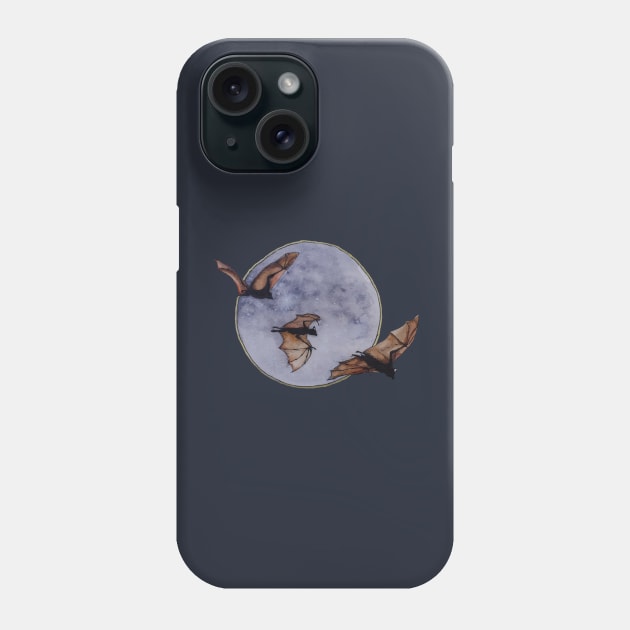 Watercolor Halloween Bats at Midnight in front of a Full Moon Phone Case by Jessfm